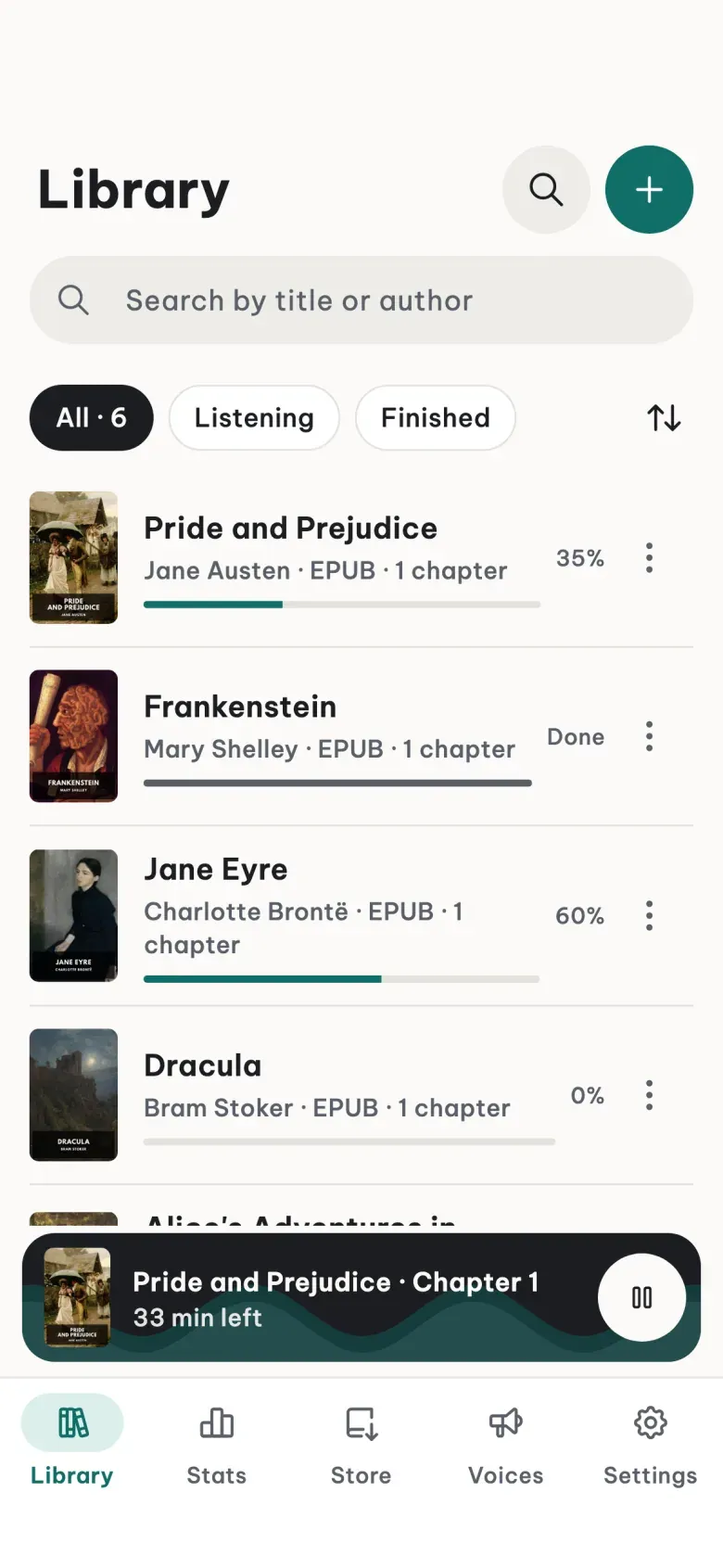 The LeziBook library with story covers and a mini player below
