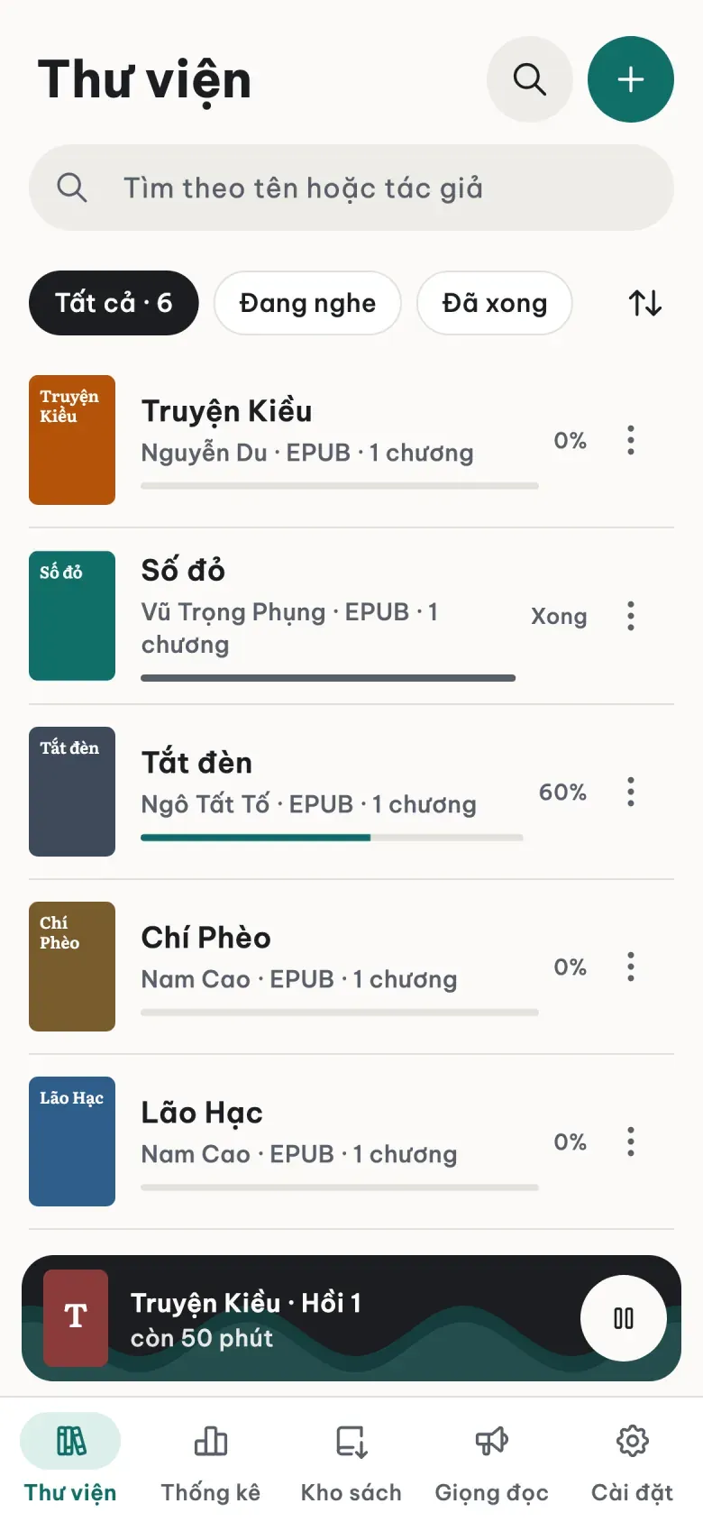 Thư viện LeziBook với Truyện Kiều đang nghe dở, Số đỏ, Tắt đèn, Chí Phèo và trình phát nhỏ ở dưới
