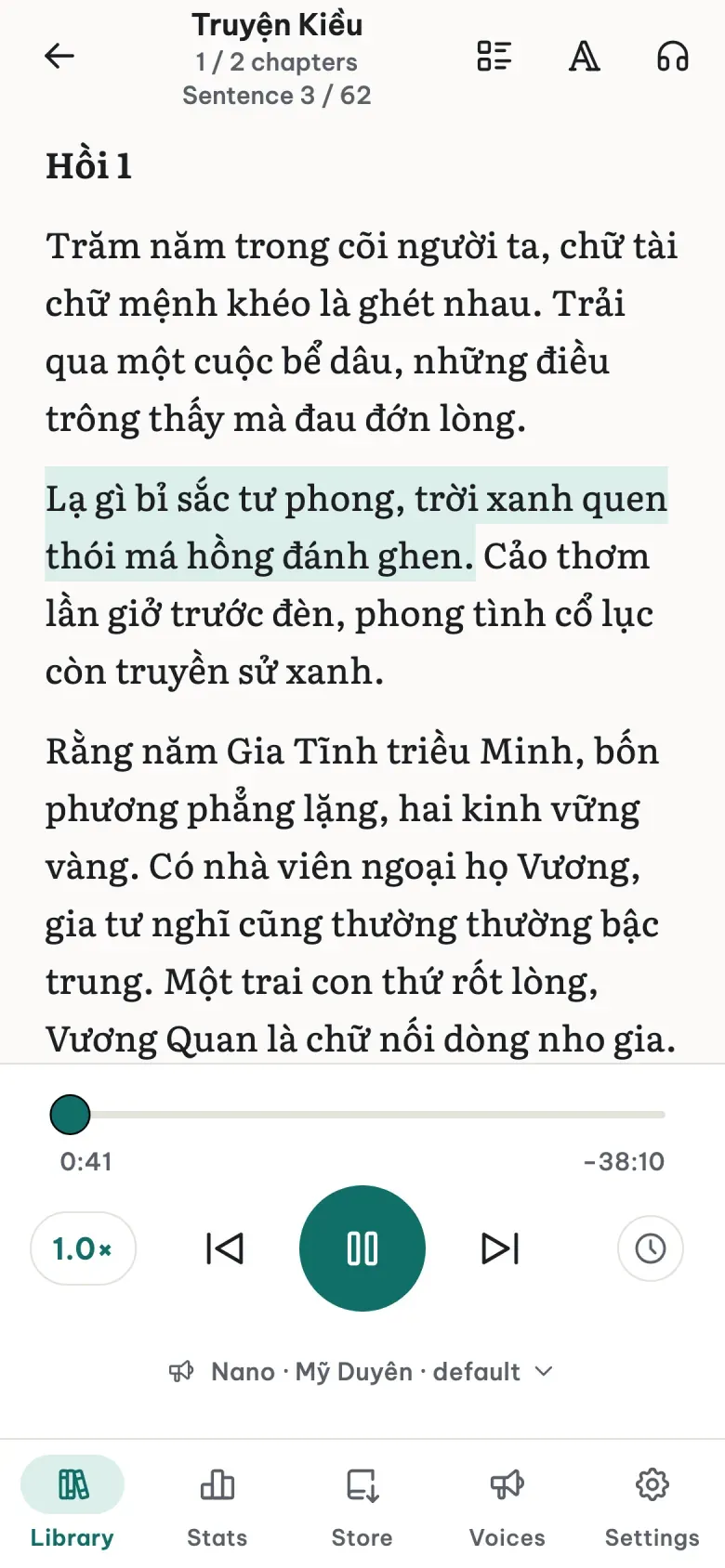 The LeziBook reader in English reading The Tale of Kiều, the current sentence highlighted, the player below