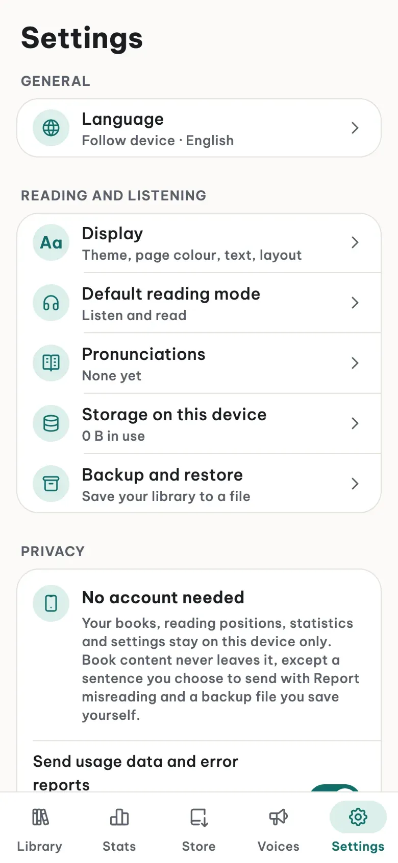 The Settings screen: the Privacy section says No account needed, with a switch for usage data