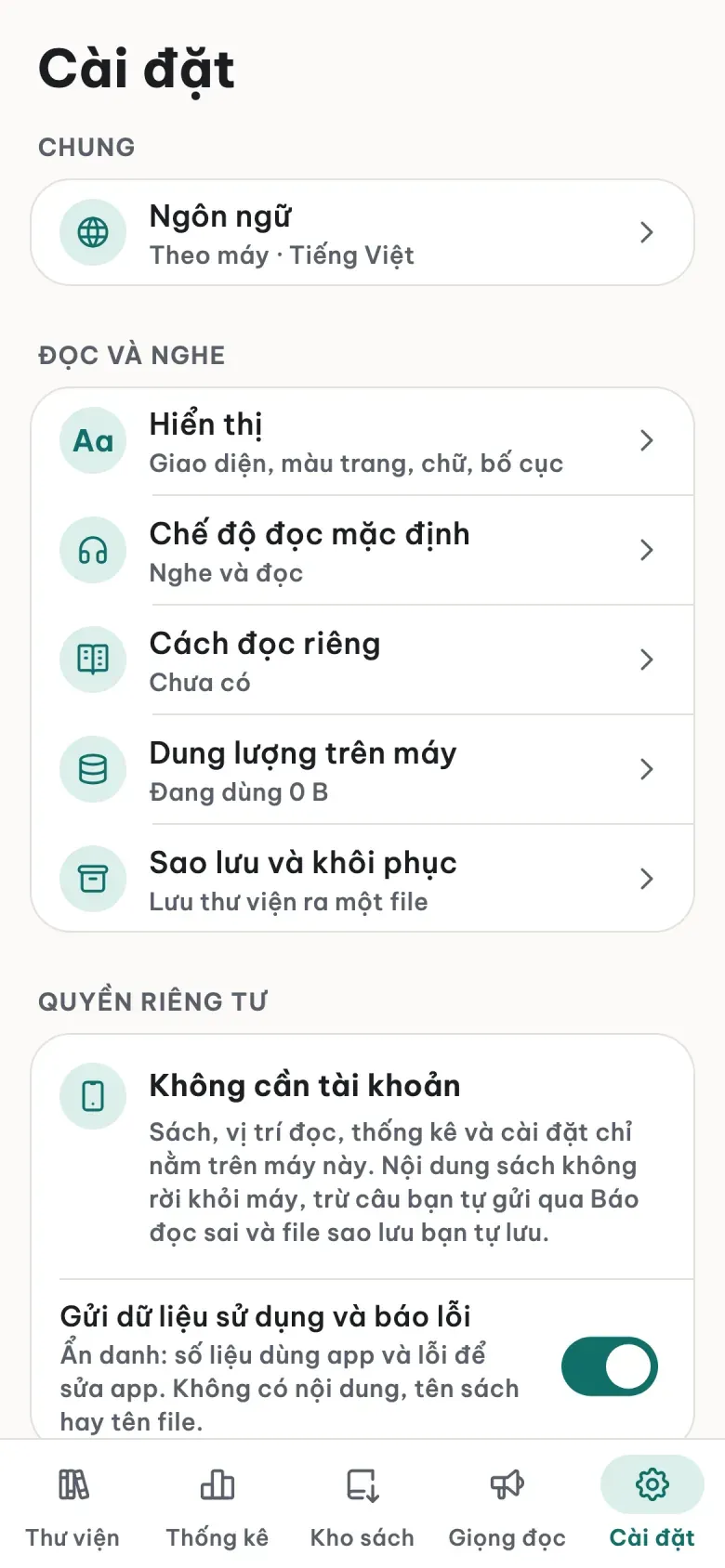Màn Cài đặt: mục Quyền riêng tư ghi Không cần tài khoản, có công tắc gửi dữ liệu sử dụng