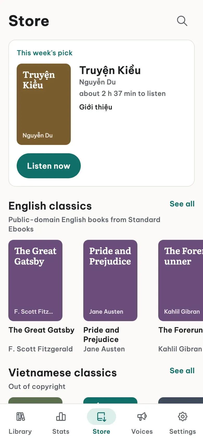 The Store screen: this week's pick, Truyện Kiều, with a Listen now button, then the Vietnamese and English classics shelves