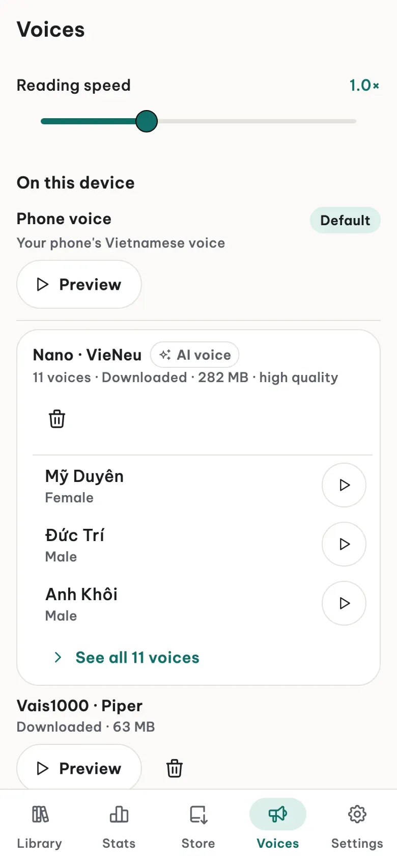 The Voices screen: the phone's voice, the eleven Nano AI voices downloaded with Mỹ Duyên, Đức Trí and Anh Khôi, and the Vais1000 voice
