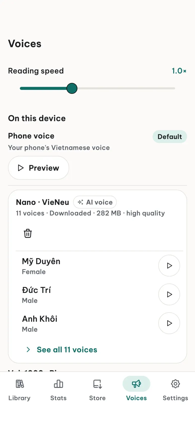 The Voices screen with the phone's own voice and the Vietnamese AI voices downloaded
