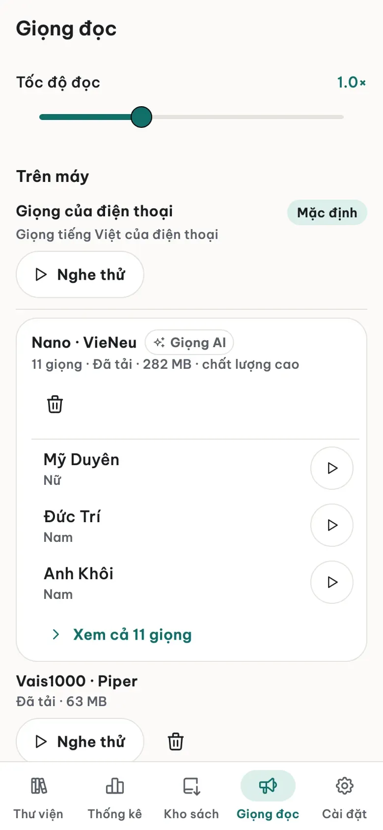 Màn Giọng đọc: giọng của điện thoại, 11 giọng AI Nano đã tải với Mỹ Duyên, Đức Trí, Anh Khôi, và giọng Vais1000