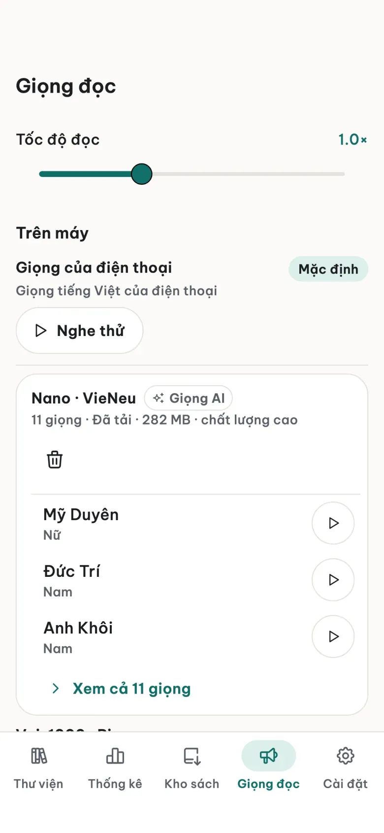 Màn Giọng đọc với giọng có sẵn của điện thoại và các giọng AI tiếng Việt đã tải